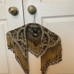 Vintage Black, Gold And White Beaded Shawl/ Collar Wrap Beautiful slightly used